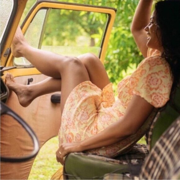 Billabong x Wrangler | Far Away Puff Sleeve Dress Yellow Floral Print New XS - Picture 3 of 7